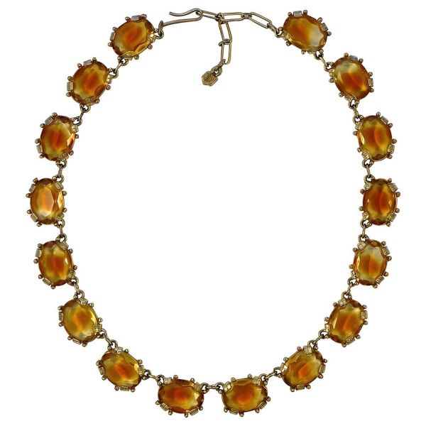 Gold Plated Amber and Clear Glass Riviere Necklace circa 1950s